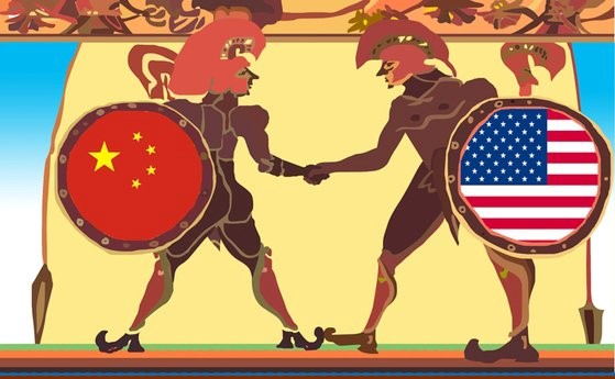 방패를 든 중국과 미국의 불안한 이미지